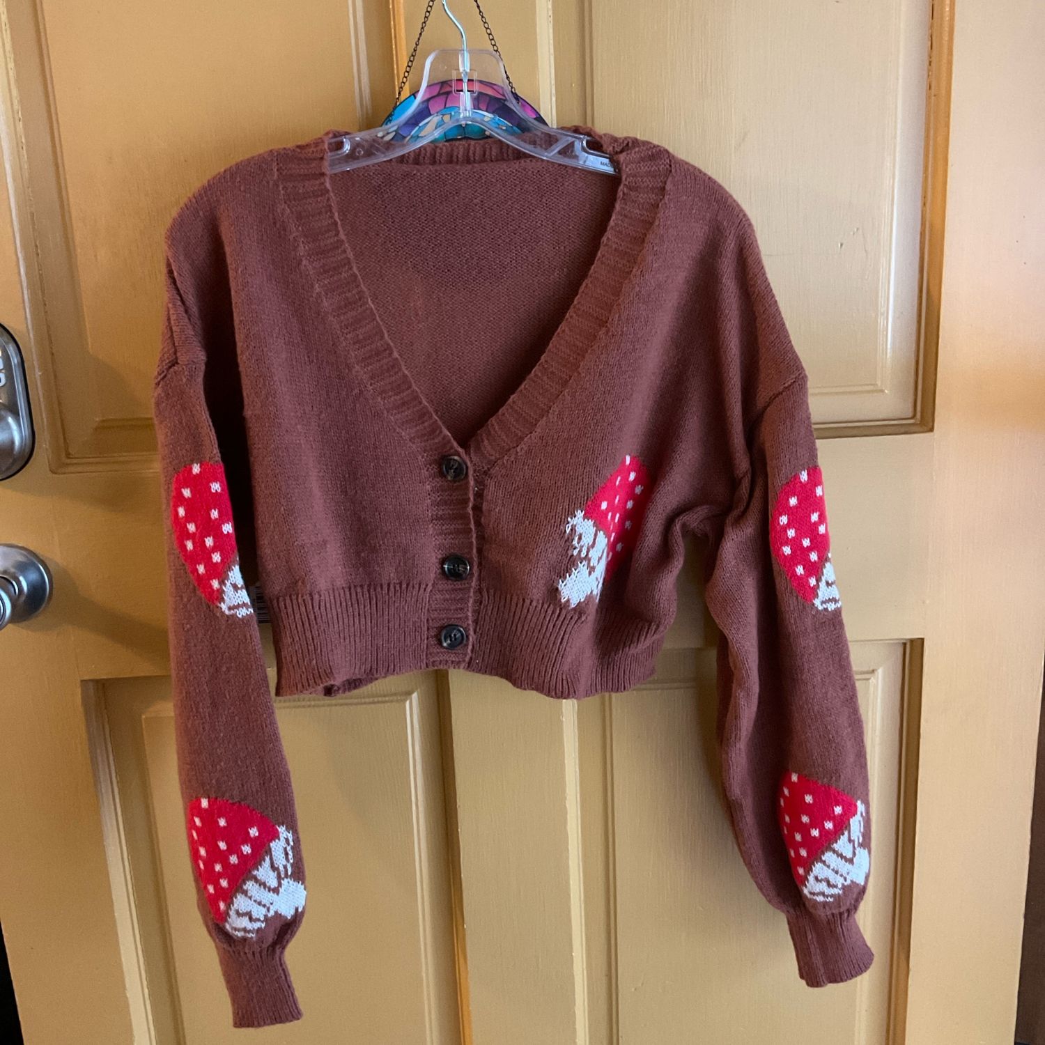 Brown Cardigan with Red Mushrooms