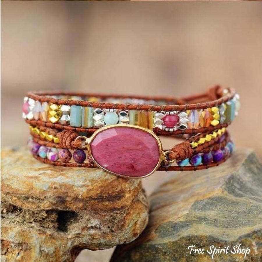 Natural Rhodonite &amp; Jasper Wrap Bracelet
