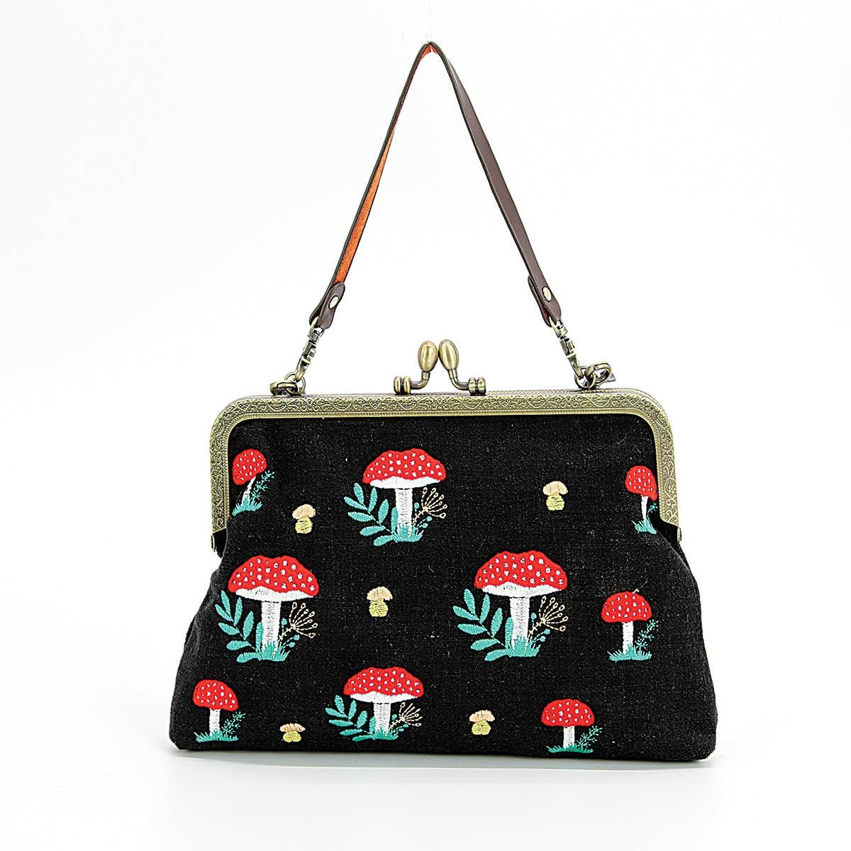 Mushrooms Kisslock Bag: Black