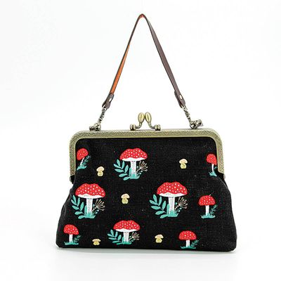 Mushrooms Kisslock Bag: Black