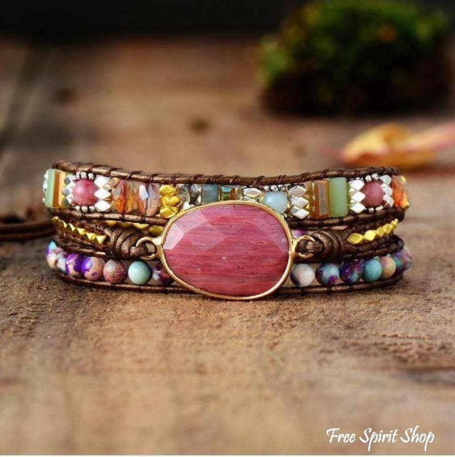 Natural Rhodonite &amp; Jasper Wrap Bracelet: Bronze Color