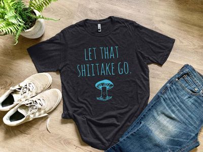 Let That Shiitake Go - Funny Men's Tee - Mushroom, Yoga: Charcoal (Light Blue Ink), Large