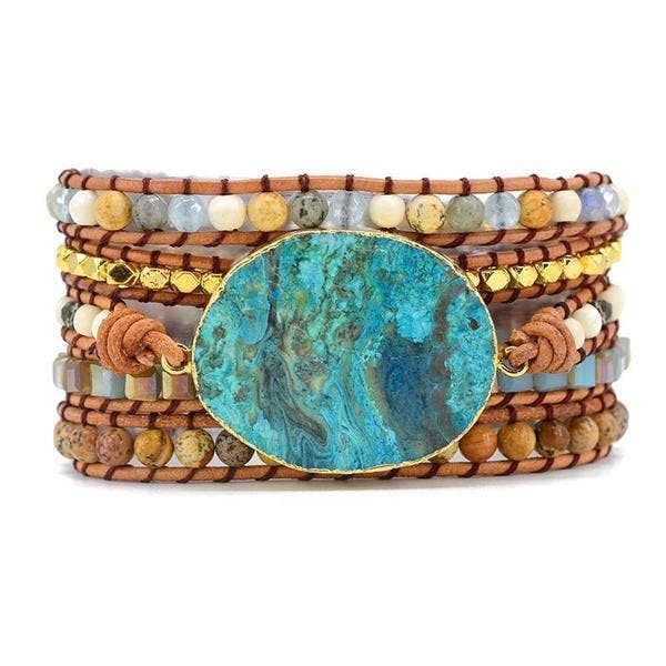 Gold Ocean Jasper Leather Wrap Bracelet, Boho Bead Bracelet