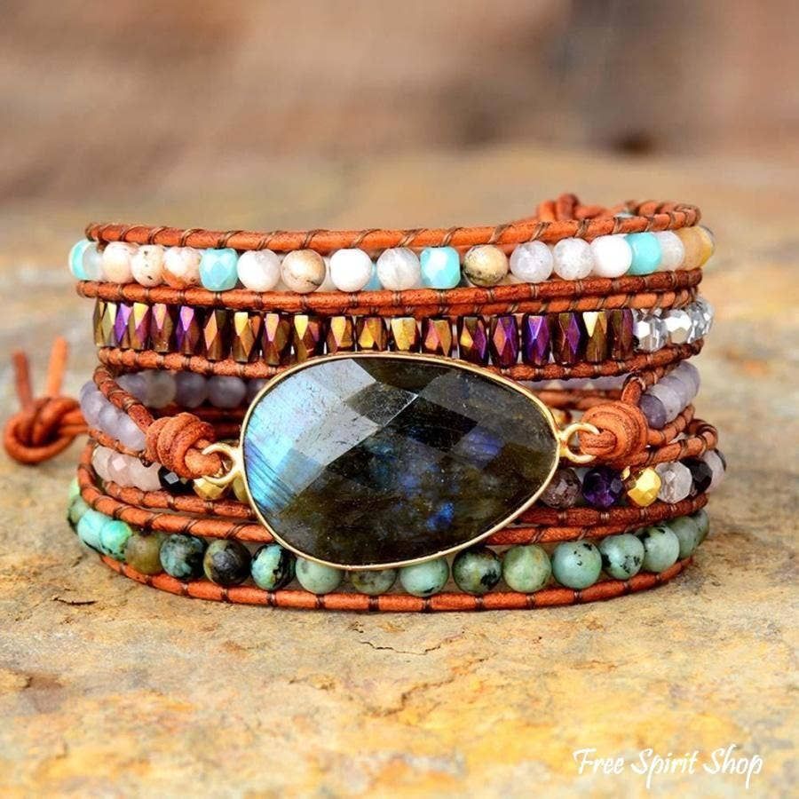 Natural Labradorite African Turquoise &amp; Agate Wrap Bracelet