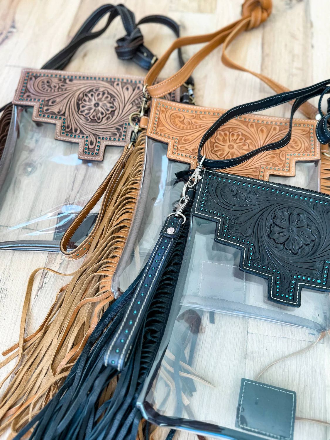 SHAYNE LARGE - Hand Tooled Clear Crossbody Concert bag: Brown
