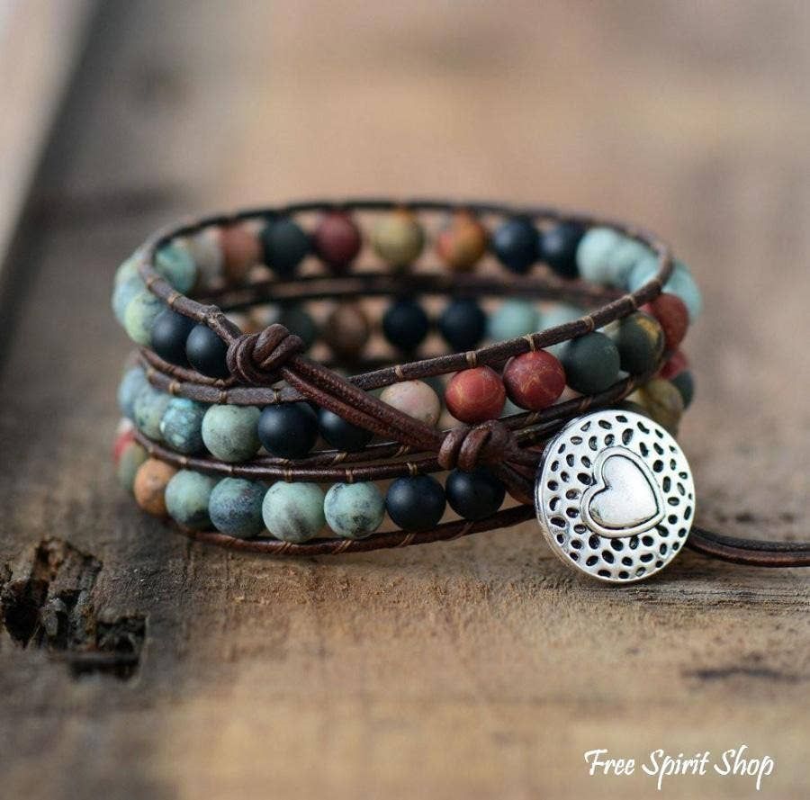 Natural &quot;LOVE&quot; Leather Wrap Bracelet, Boho Bead Bracelet