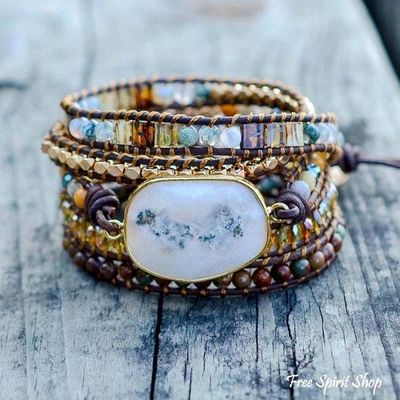 Natural Agate Moonlight &amp; Jasper Boho Beaded Wrap Bracelet