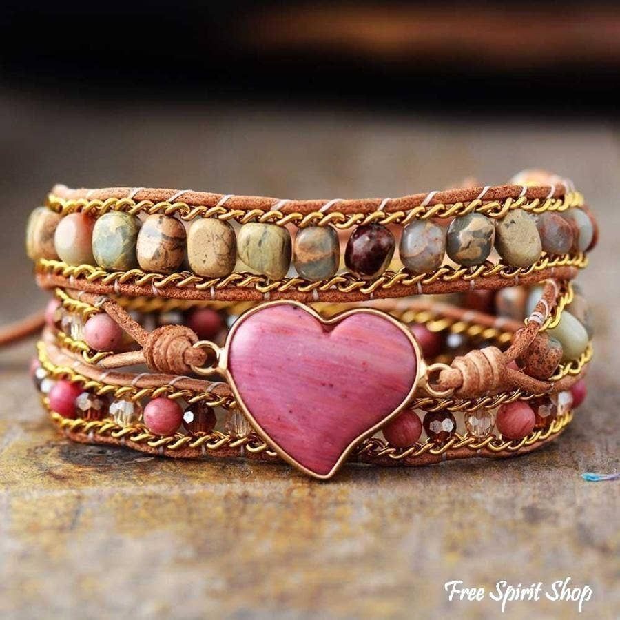 Rhodonite &amp; Jasper Heart Wrap Bracelet, Boho Beaded Strap