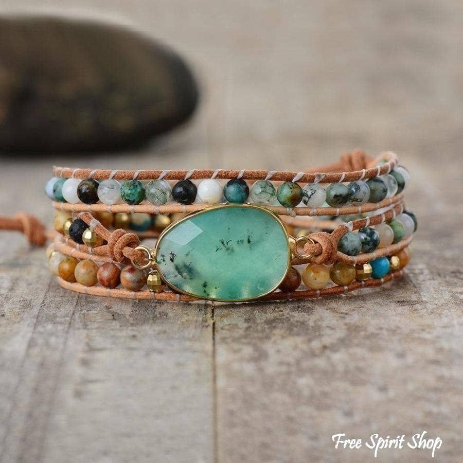 Green Jade &amp; Jasper Wrap Bracelet, Boho Bead Bracelet