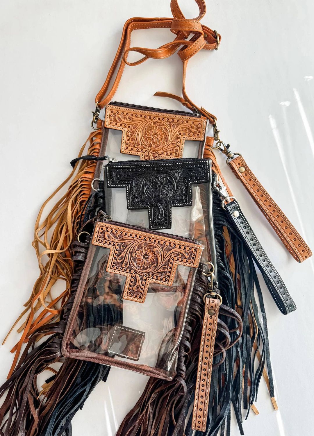 SHAYNE SMALL - Hand Tooled Clear Crossbody Concert bag: BLACK - NO TURQUOISE DOTS