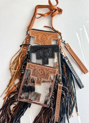 SHAYNE SMALL - Hand Tooled Clear Crossbody Concert bag: BLACK - NO TURQUOISE DOTS