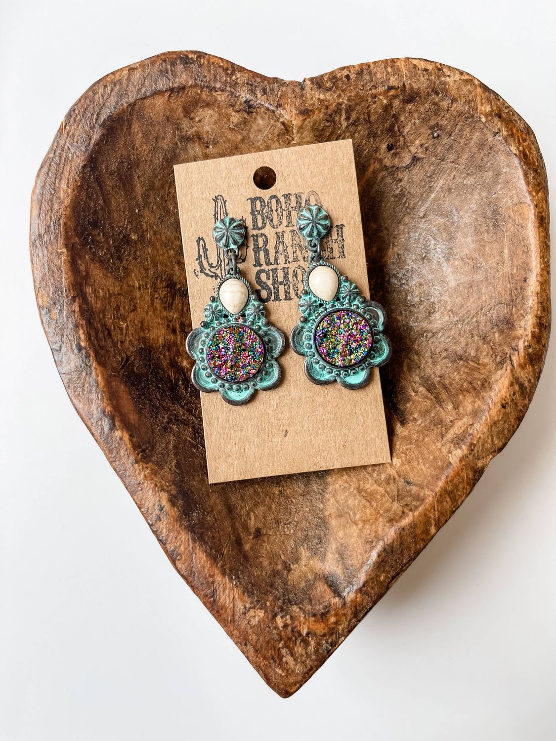 Western Druzy Round Flower Stone Earrings: PATINA/ PURPLE