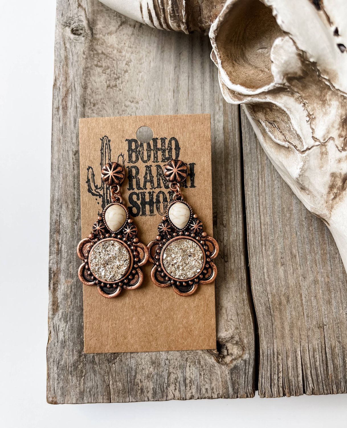 Western Druzy Round Flower Stone Earrings: COPPER/ GOLD