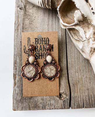 Western Druzy Round Flower Stone Earrings: COPPER/ GOLD