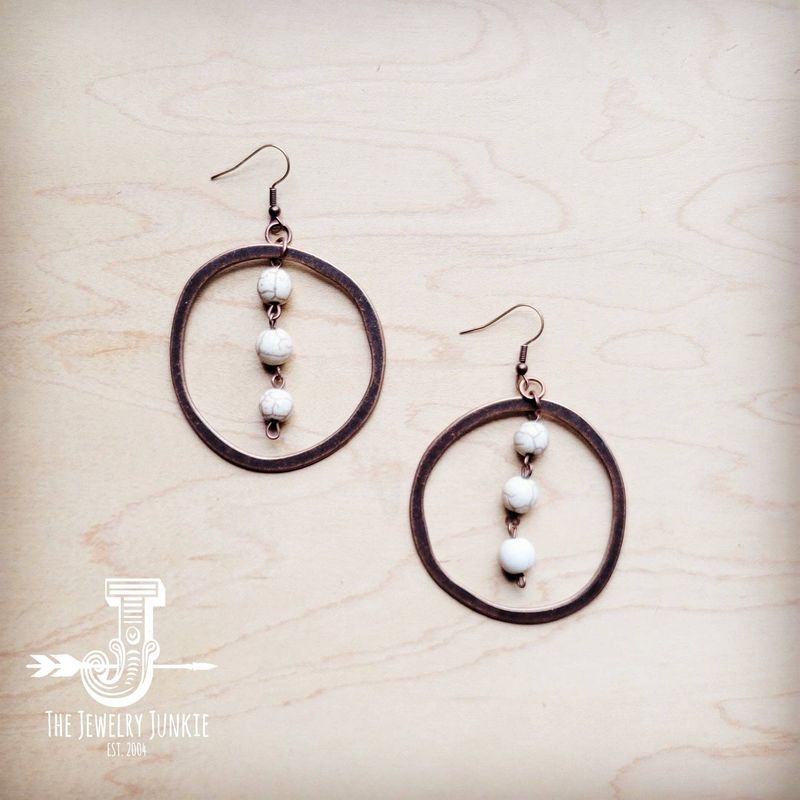 Western Copper Hoop Earrings w/ White Turquoise Beads 224g