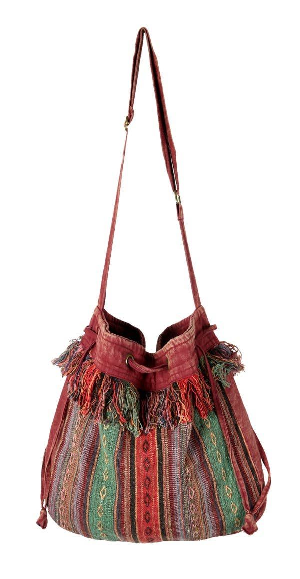 Earth Divas - Boho Striped Tibetan Drawstring Sling Bag with Patchwork