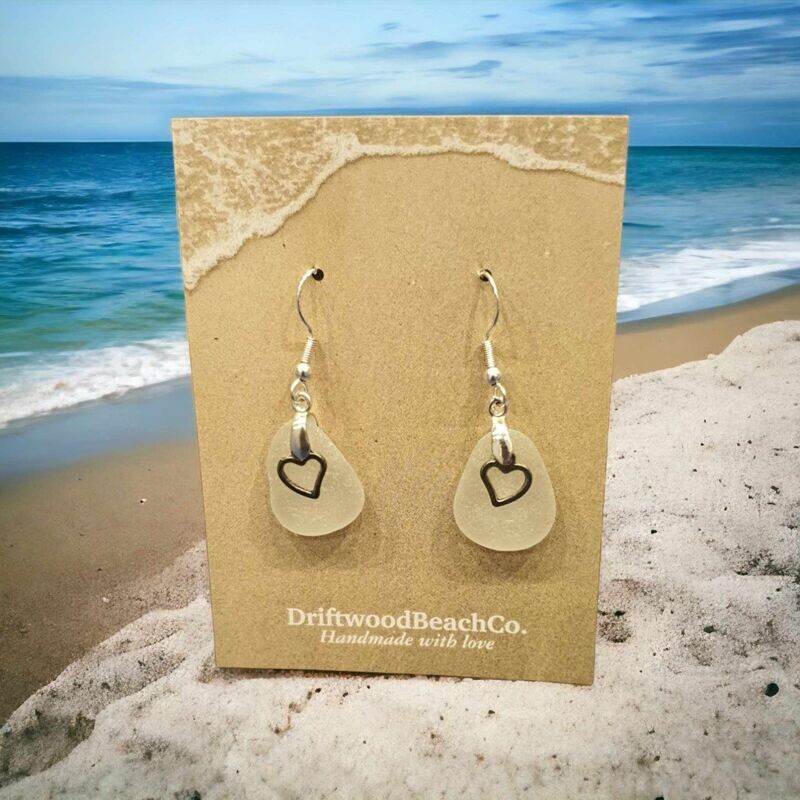 Frosty White Seaglass Earrings with silver heart charm