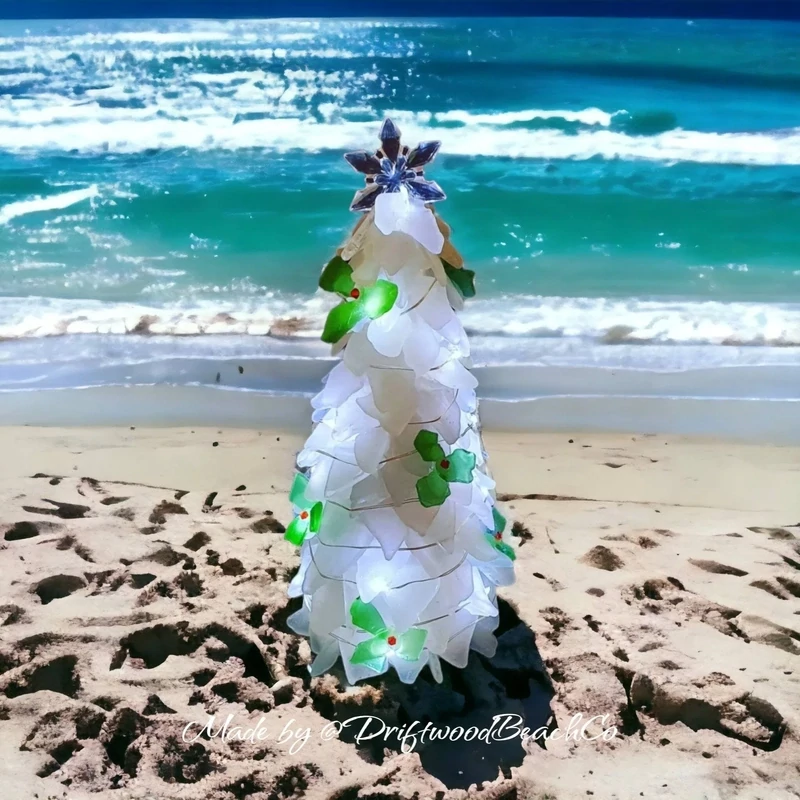 Sea Glass Christmas tree with Holly decorations