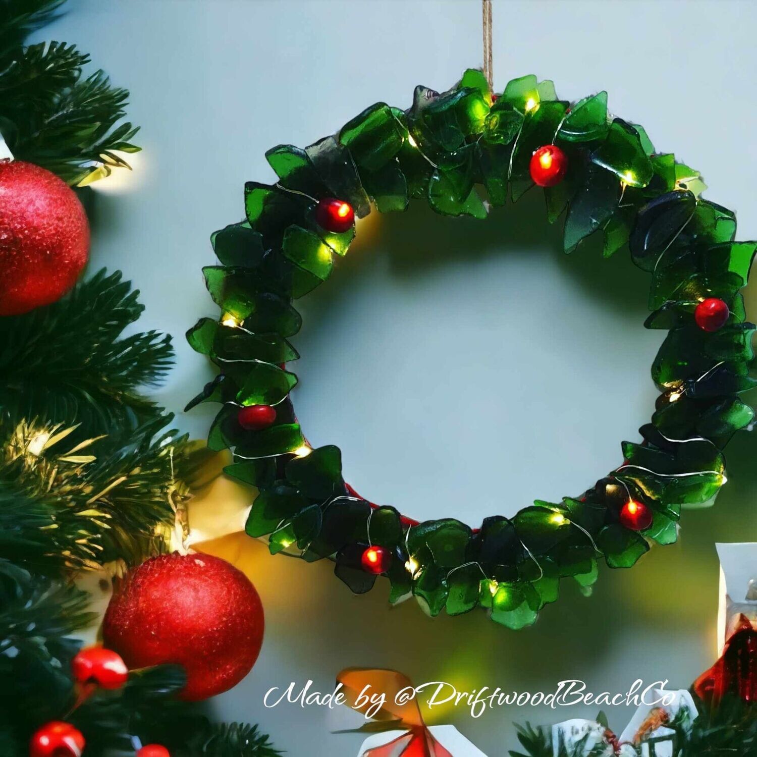 Green Sea glass Holly Wreath with LED lights