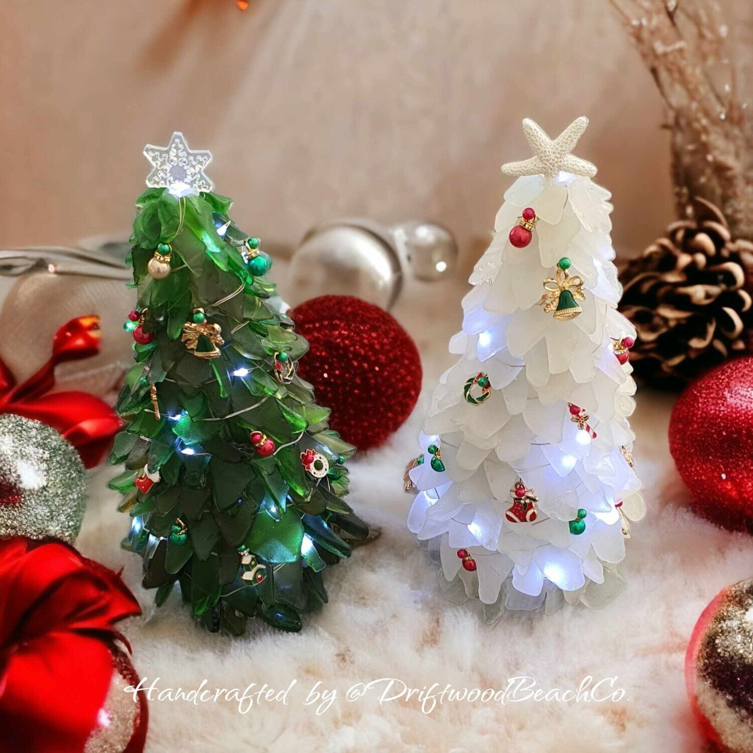 8"  Sea glass Christmas Tree with Lights and Christmas Charms