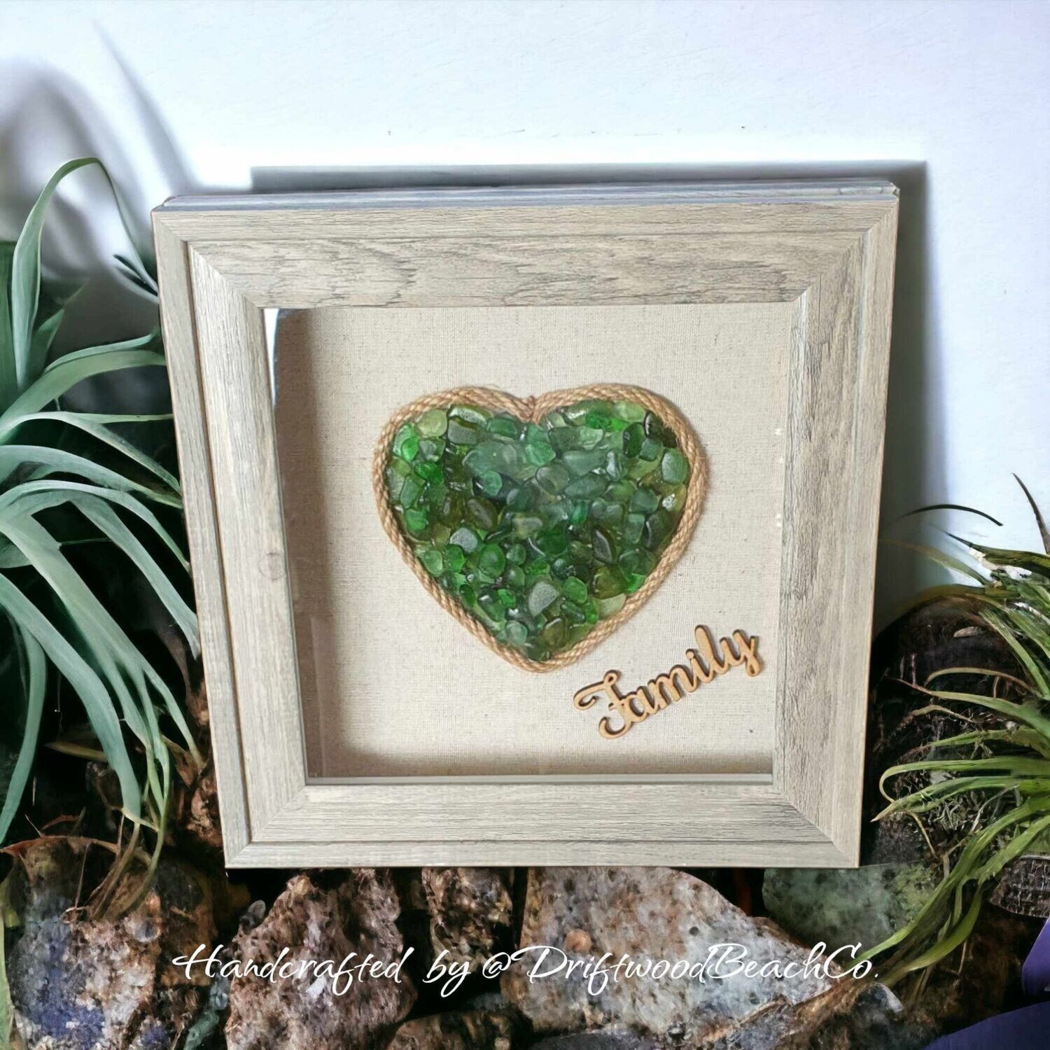 Green Sea glass Heart in a Grey Box Frame