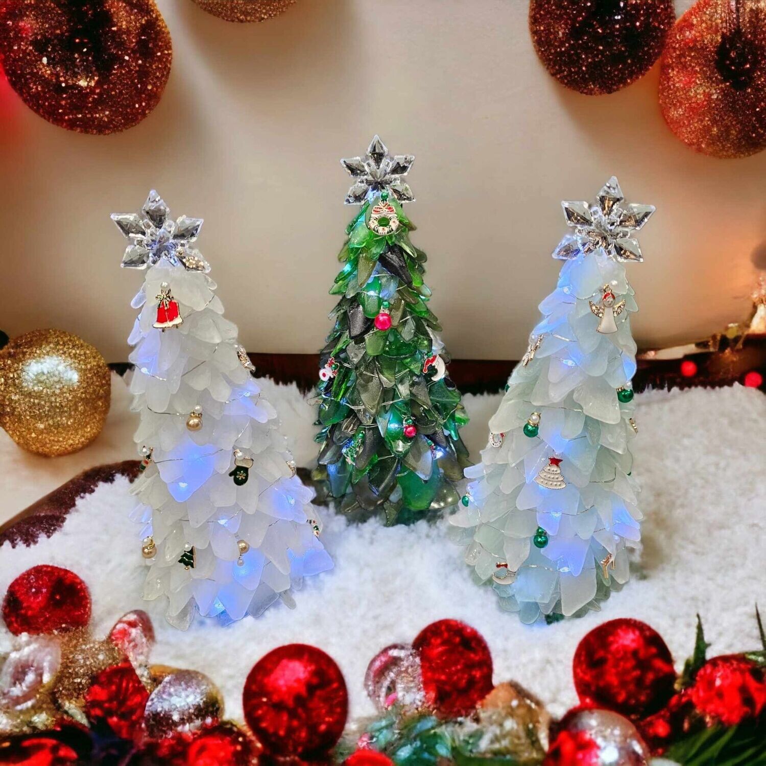Sea glass Christmas Tree with Lights ,Baubles & Enamel Christmas Charms