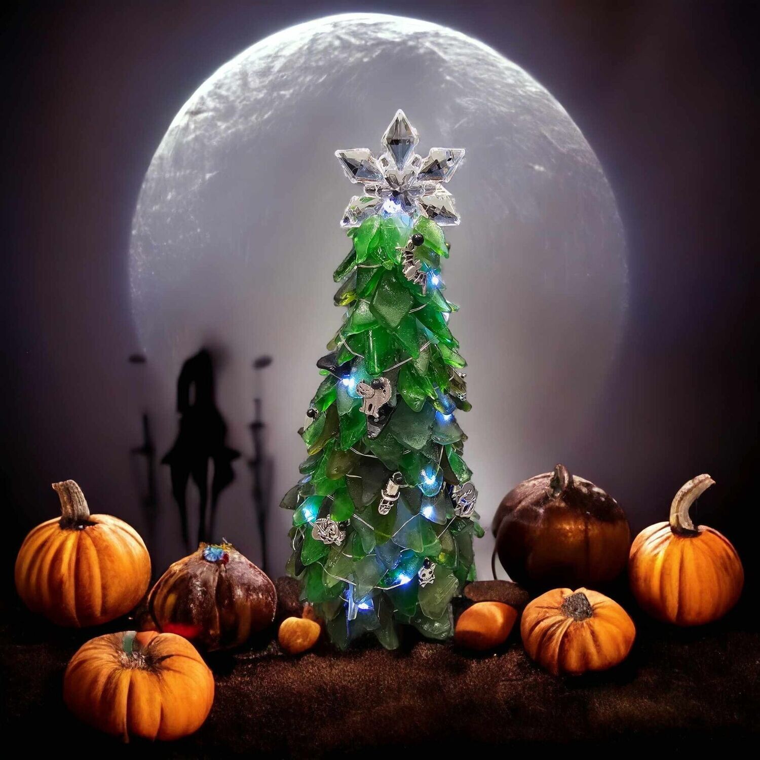 8" Green Seaglass Spooky Halloween Tree