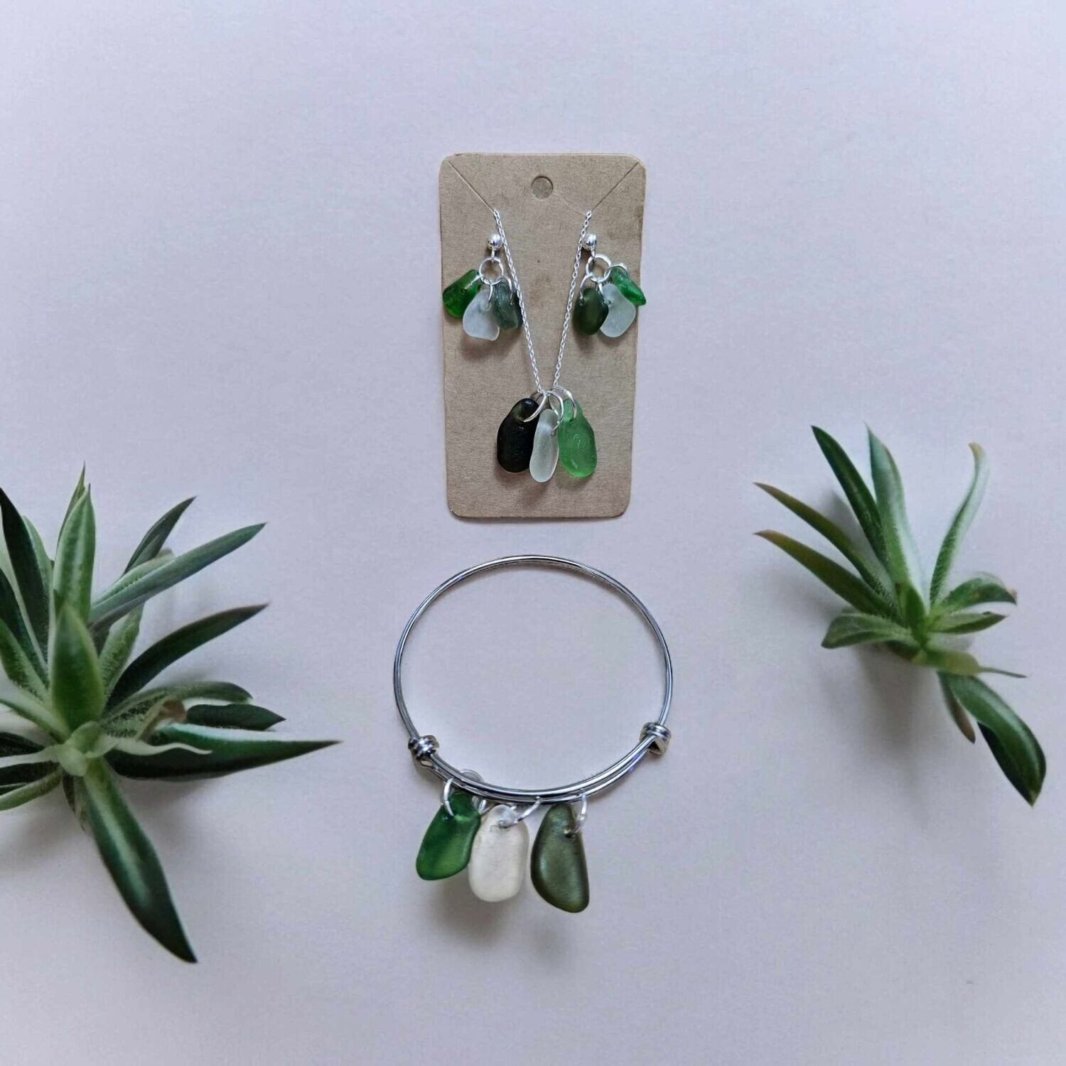 Triple Colour Seaglass Jewellery Set (Green)