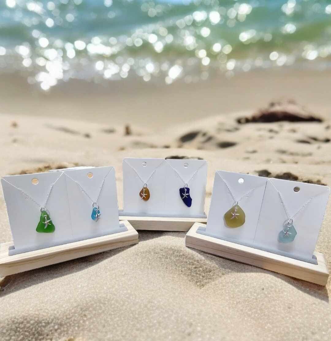 Seaglass Necklace 925 Sterling Silver with solid Silver Starfish Charm