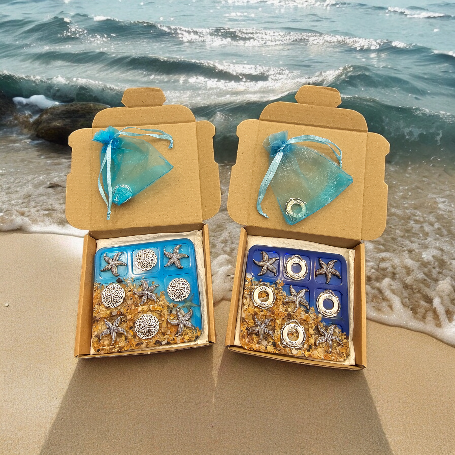 Tic Tac Toe game, Handcrafted Resin Beach themed travel game