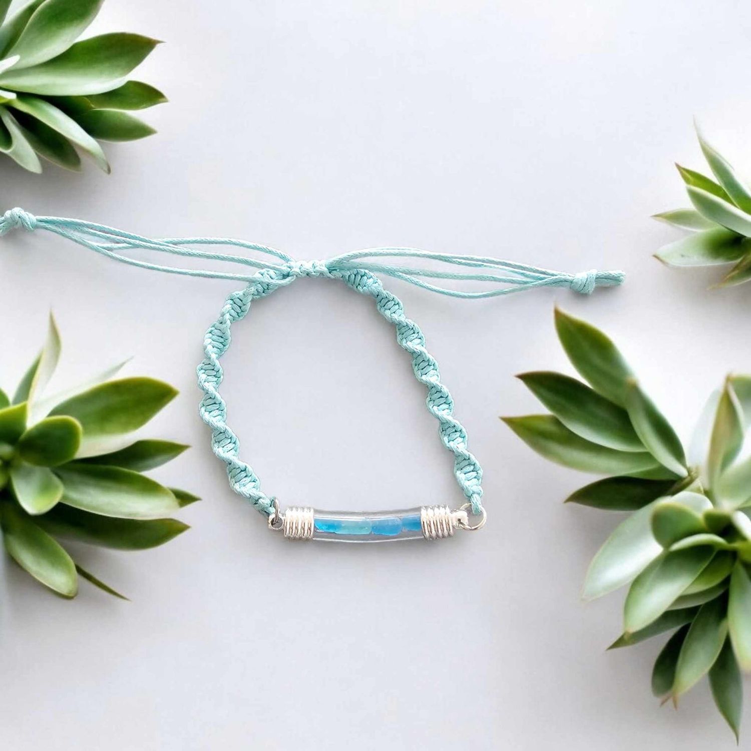 Adjustable Seaglass Memory Capsule Bracelet, Color: Aquamarine