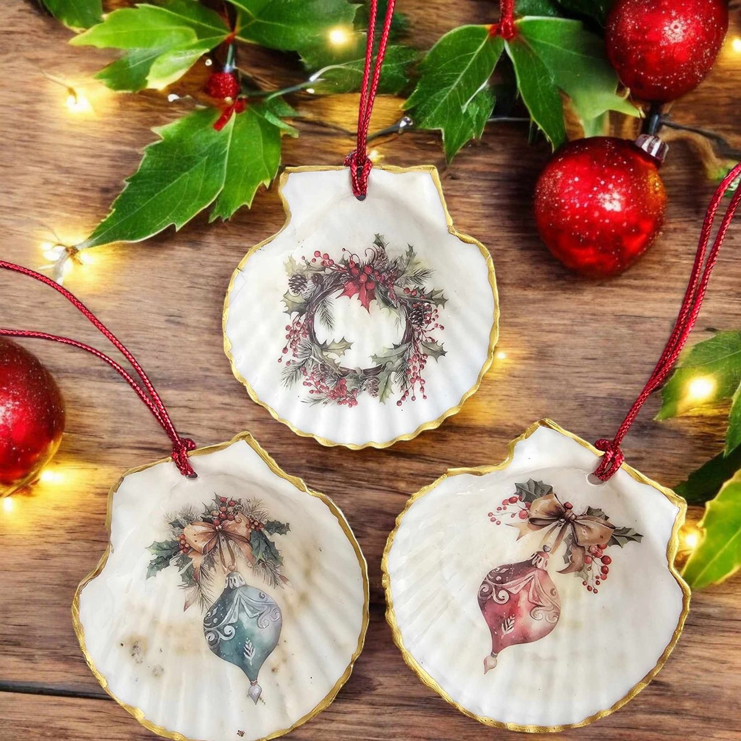 Set of 3 Scallop Shell Christmas Tree Decorations