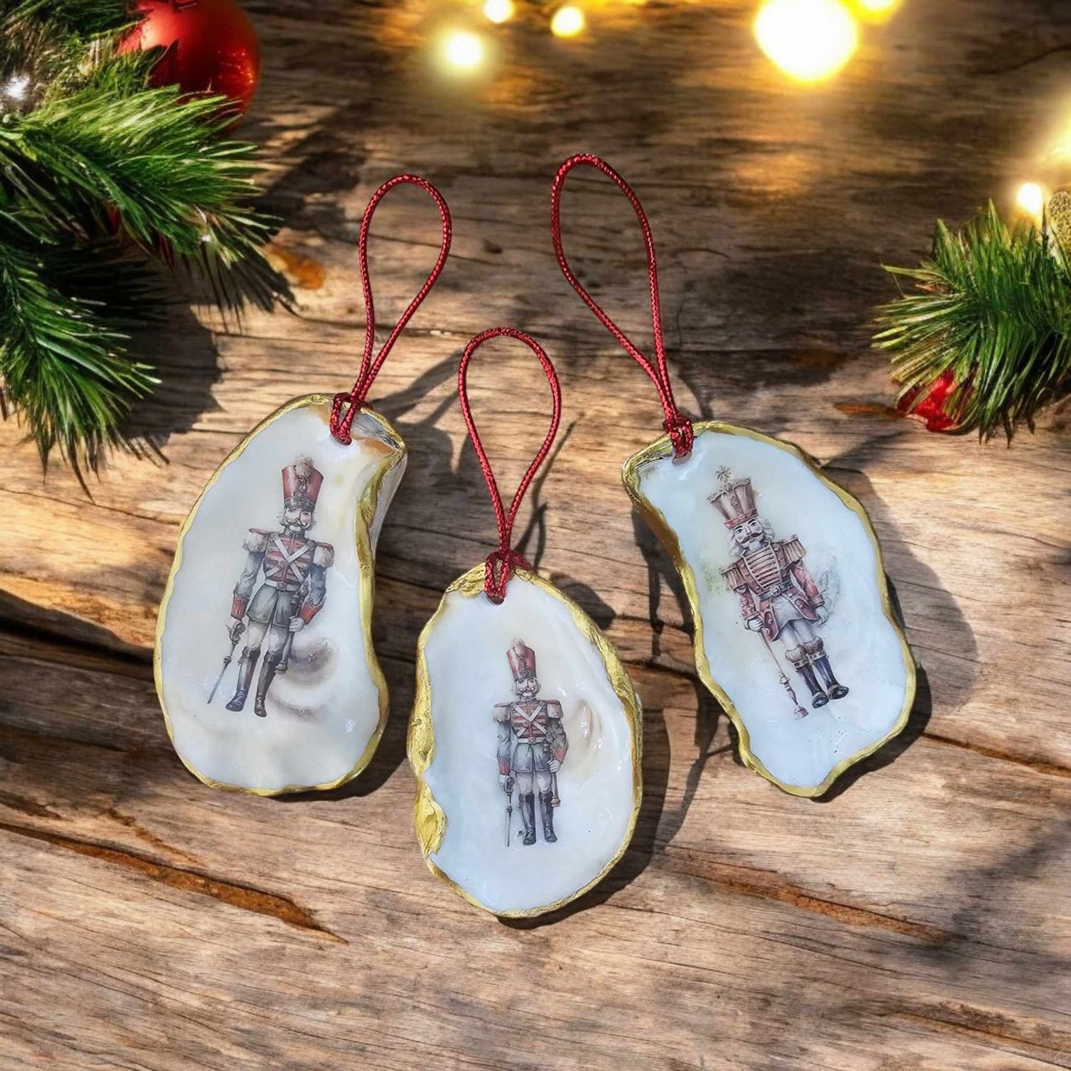 Set of 3 Oyster Shell Christmas Tree Decorations with a nutcracker design