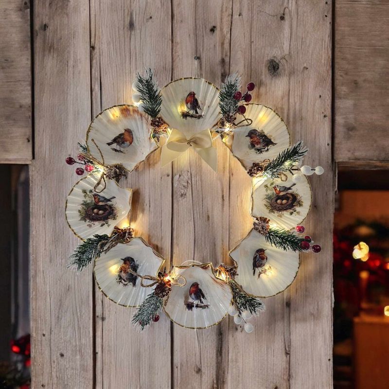 14" Scallop Shell Christmas Wreath with Robins
