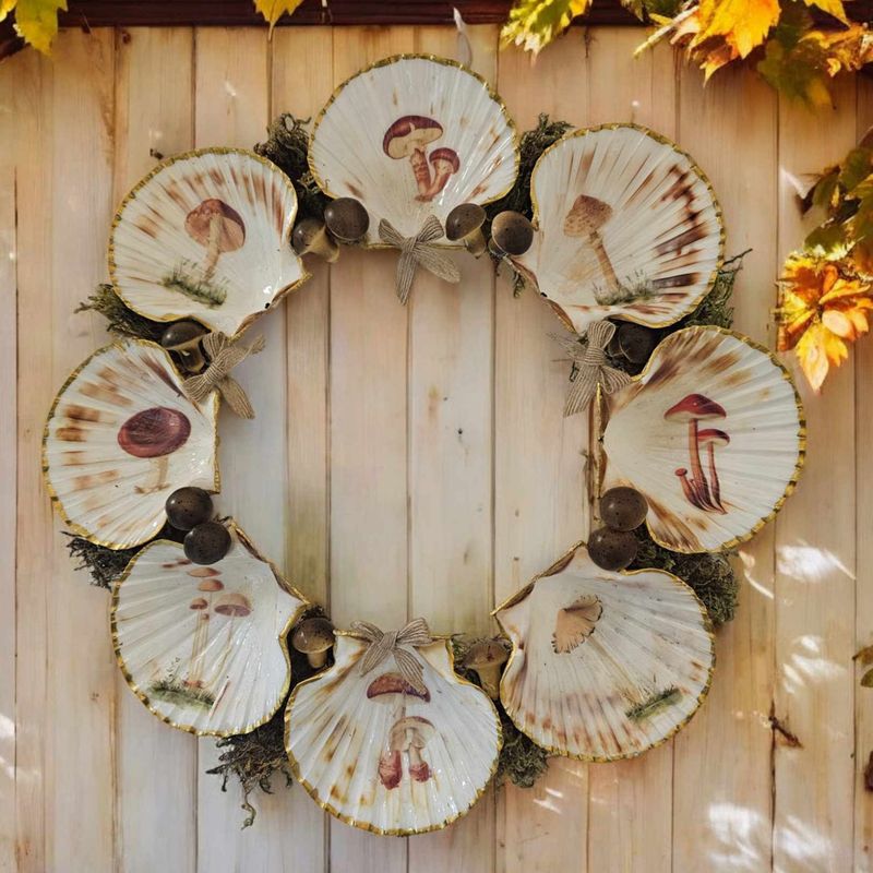 14" Scallop Shell Wreath with Autumnal Mushrooms