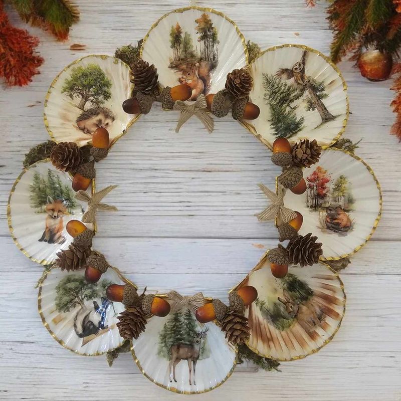 14" Scallop Shell Wreath with Forest Animal Scenes