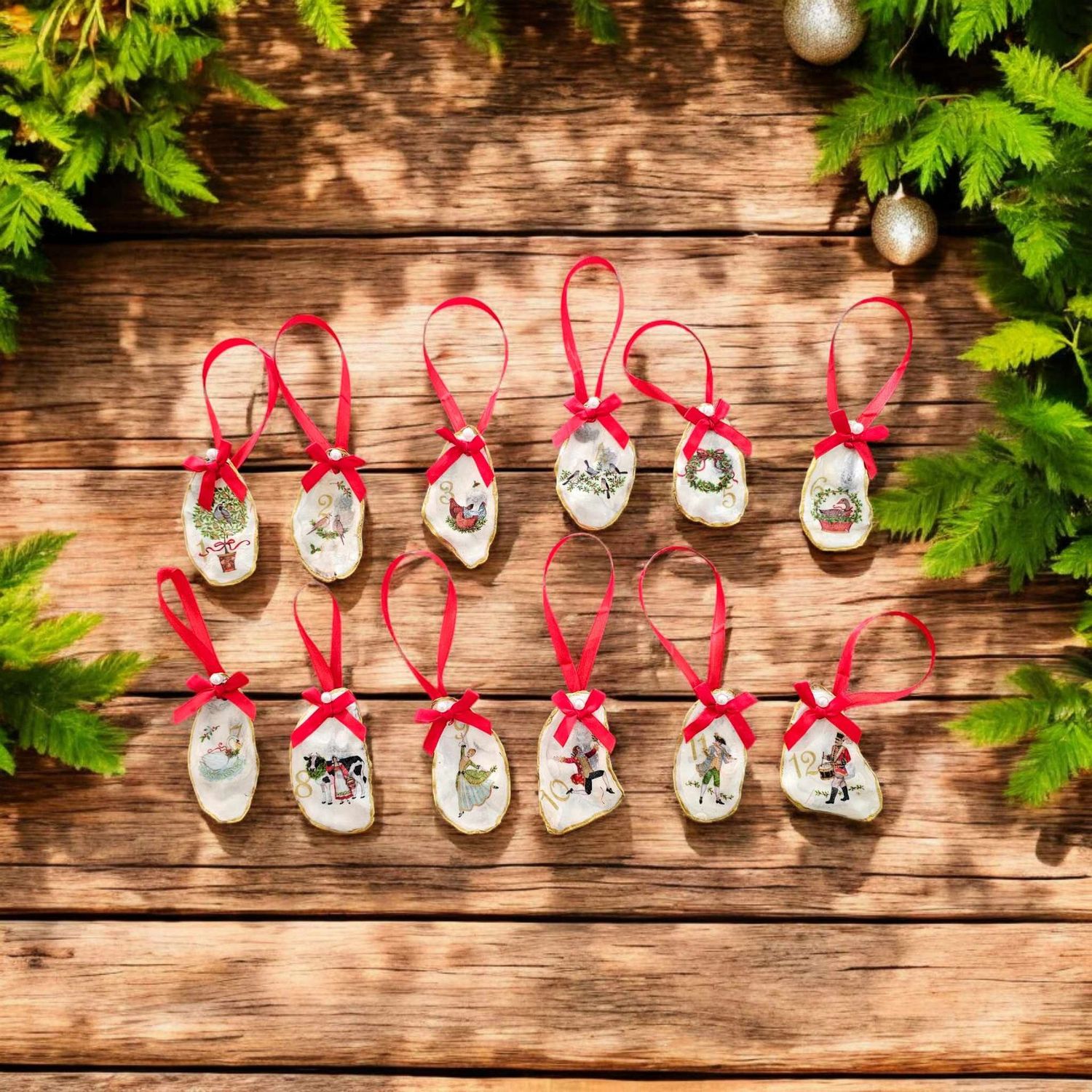 ​12 Days of Christmas Hand-Decorated Whitstable Oyster Shell Ornaments (Set of 12)