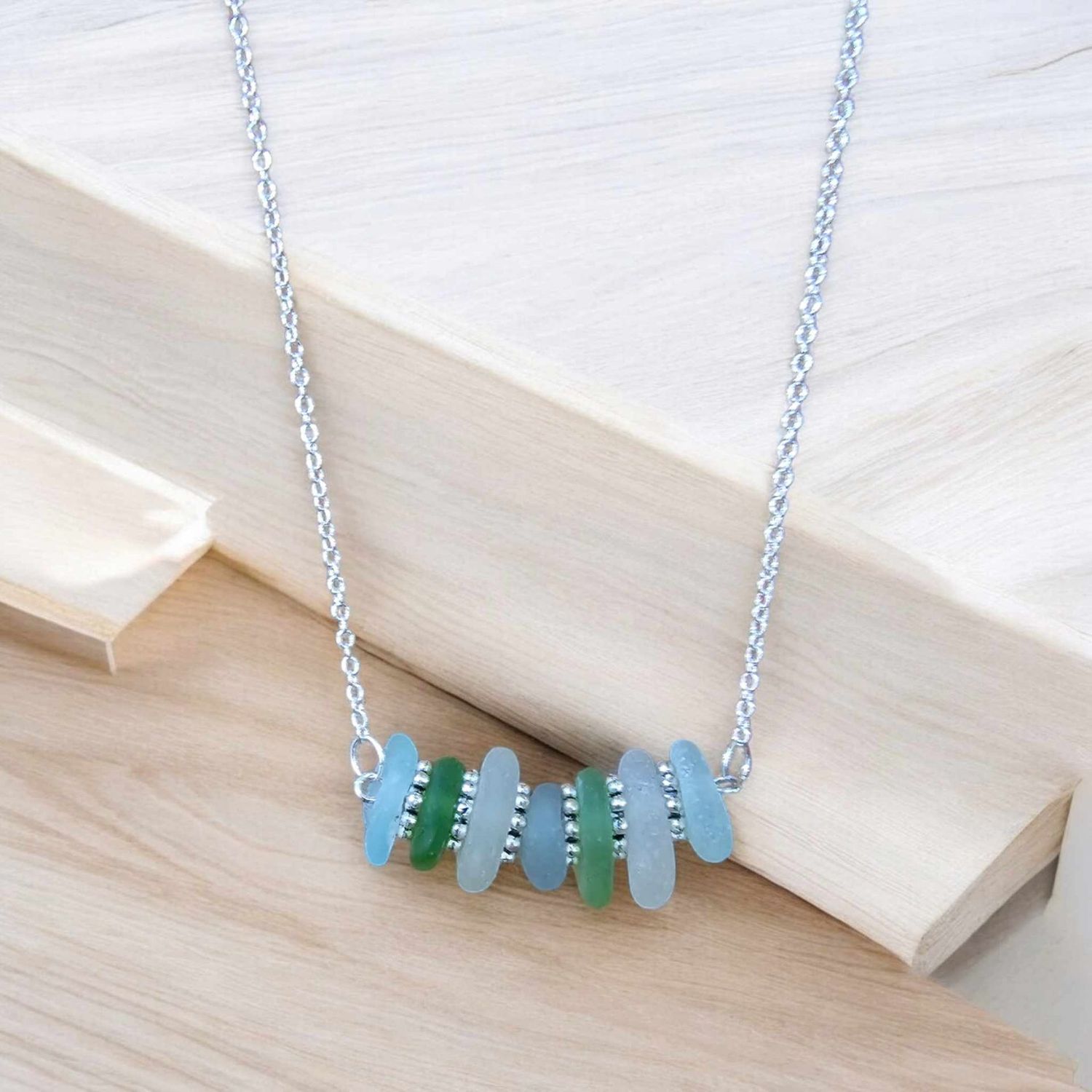 7 Stack Seaglass Necklace on 925 Sterling Silver Chain