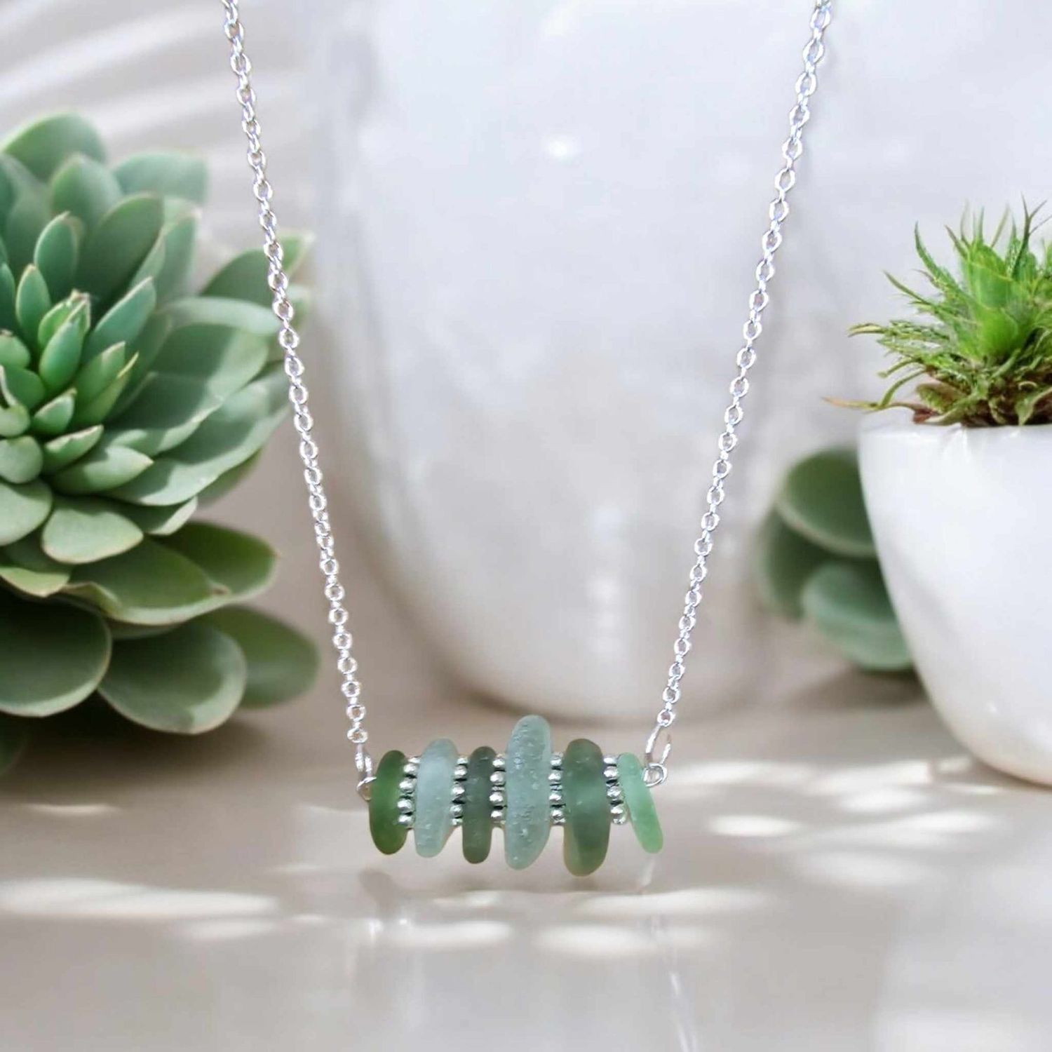 6 Stack Seaglass Necklace on 925 Sterling Silver Chain