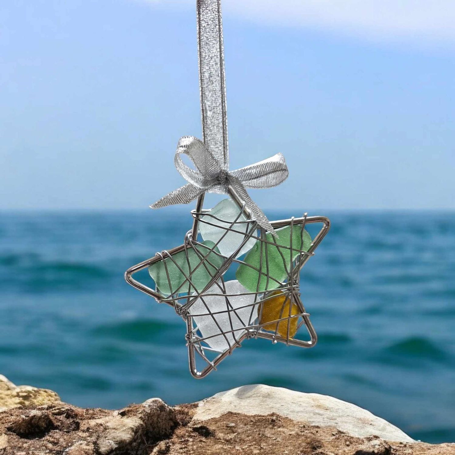 ​Wired Wrapped Seaglass Star Ornament