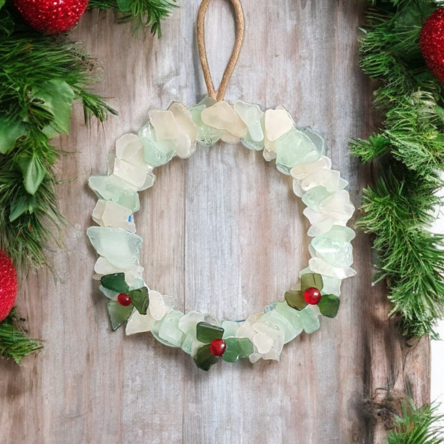 Frosty Sea glass Holly Wreath with LED lights