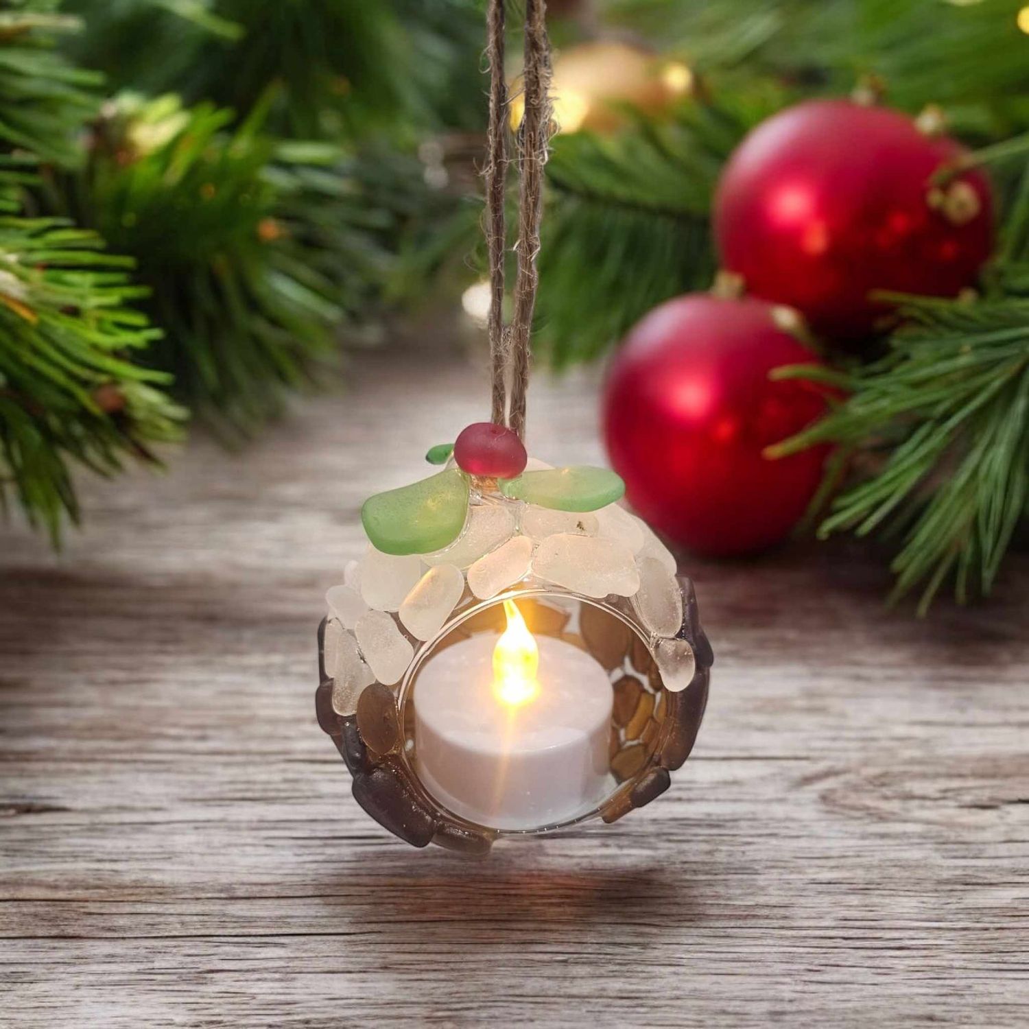 Seaglass Christmas Pudding Tree Bauble Hanging T-Light Holder