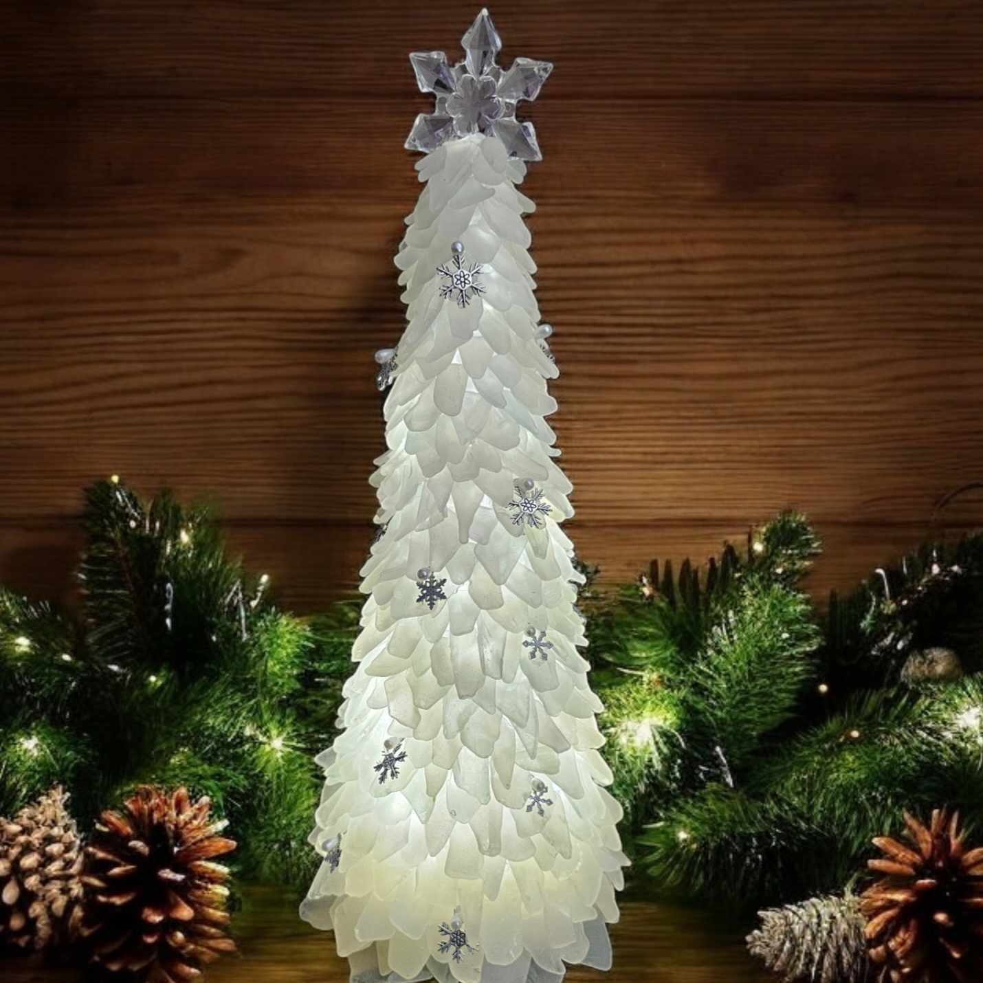 LED Light-up ​16" Frosty White Seaglass Tree with Snowflakes