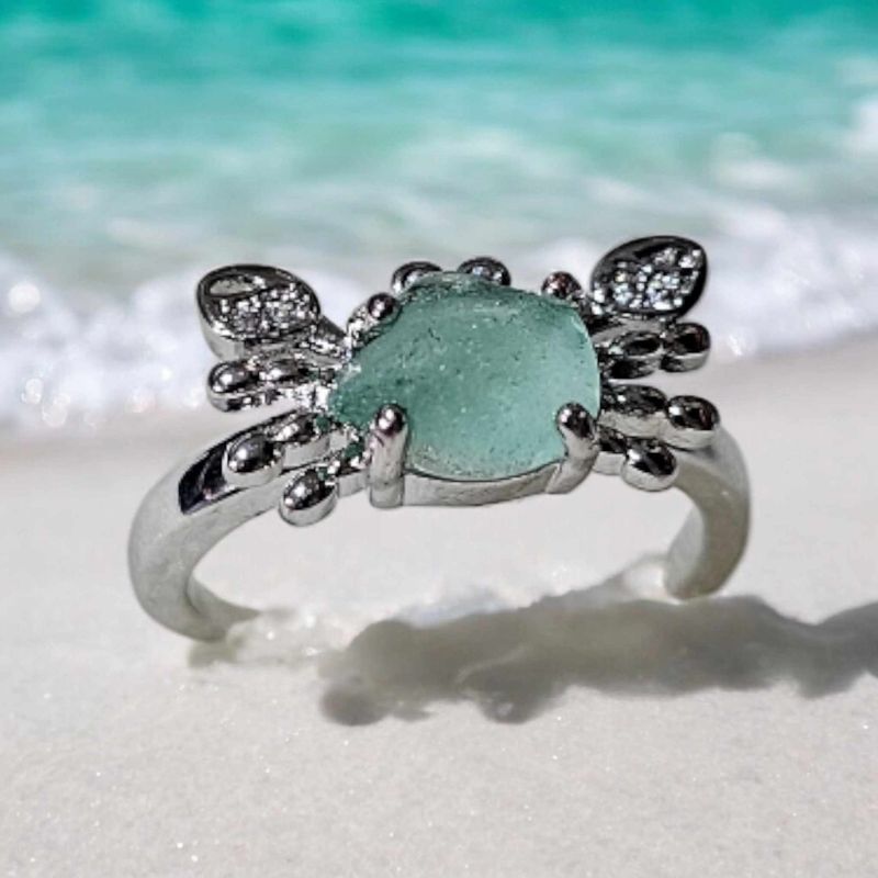 Seafoam Green Seaglass Crab Ring