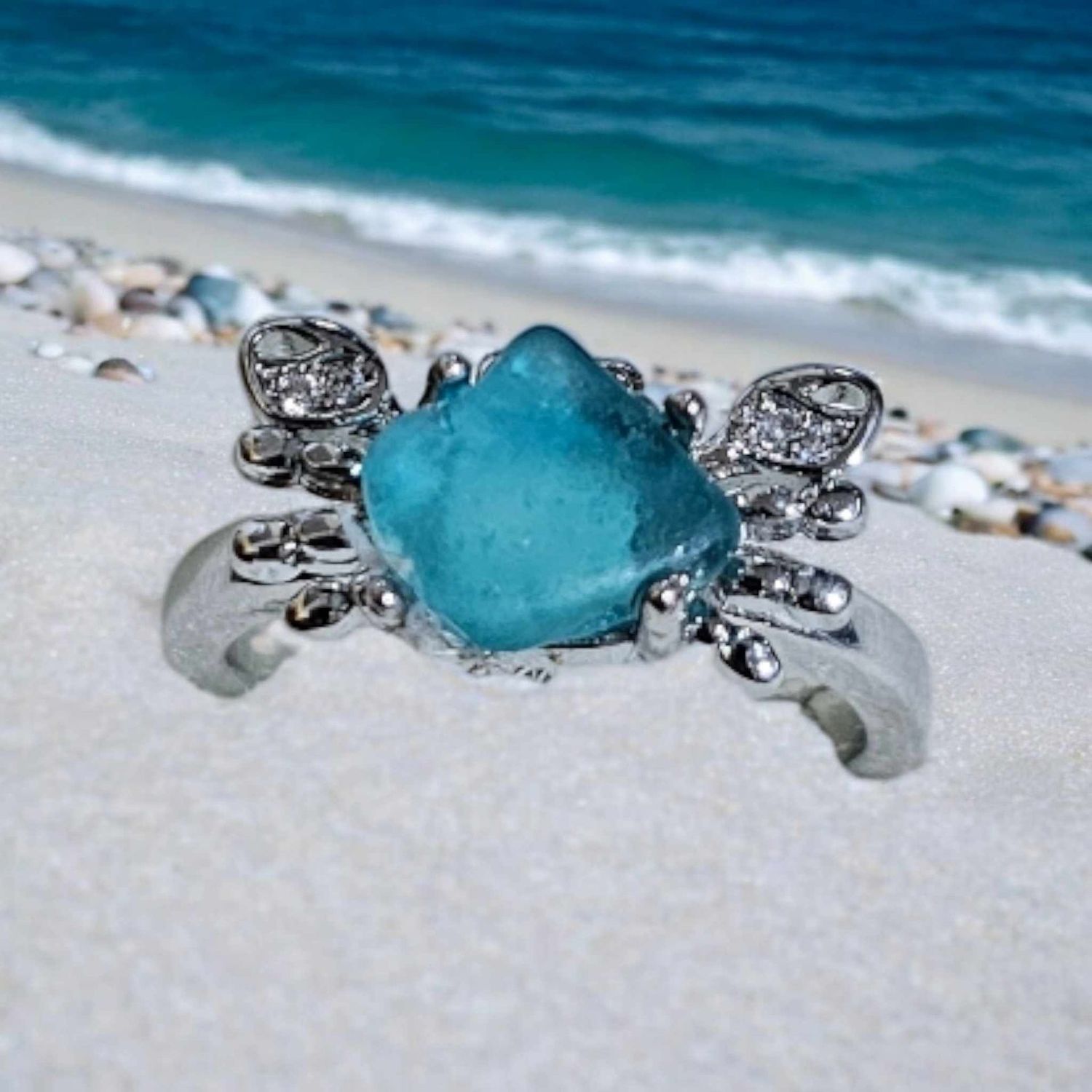 Tuquoise Seaglass Crab Ring