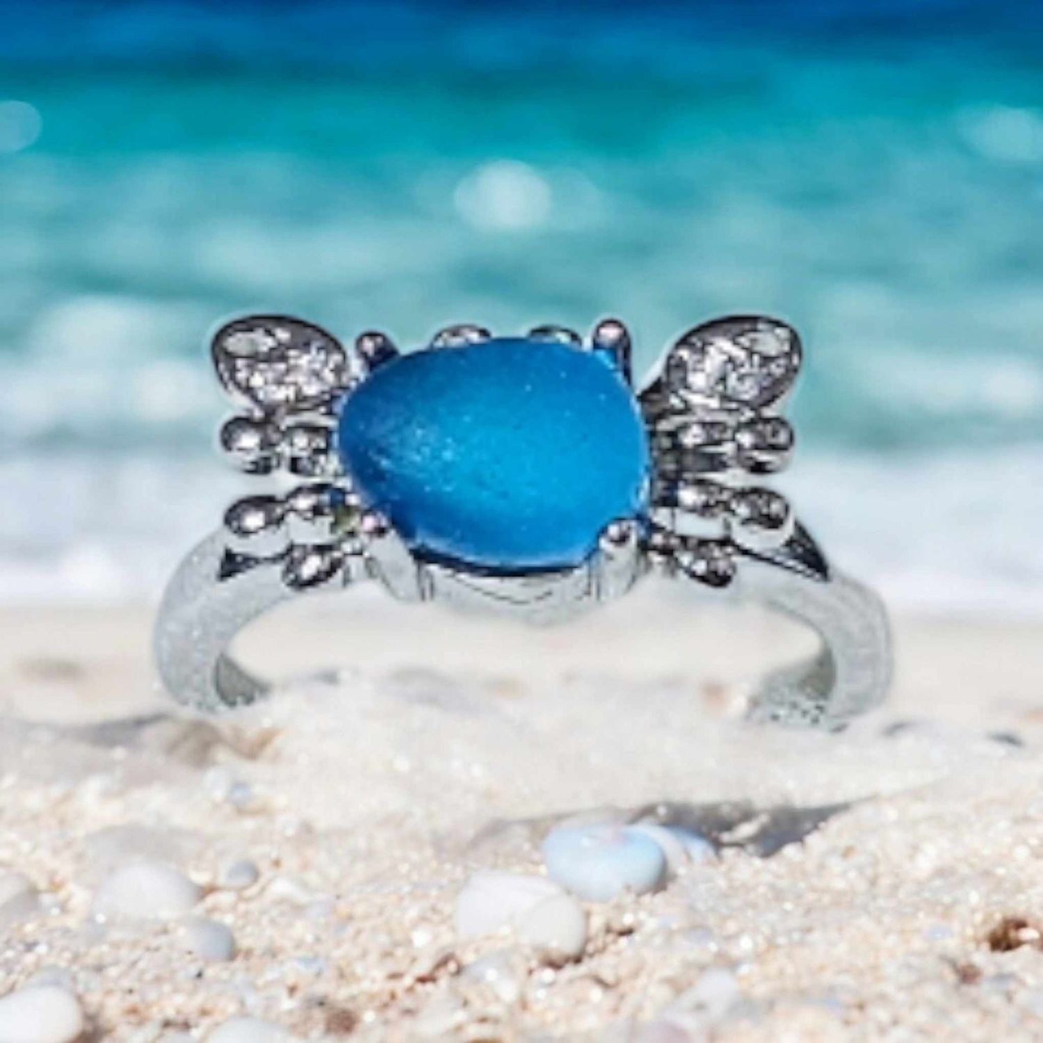 Electric Blue Seaglass Crab Ring