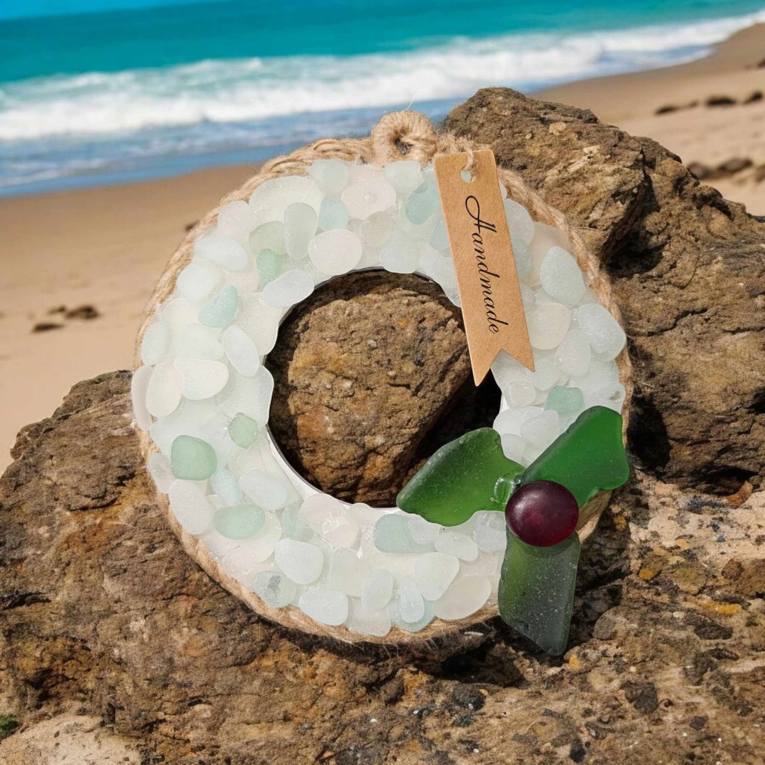 Handcrafted Sea Glass Christmas holly Wreath