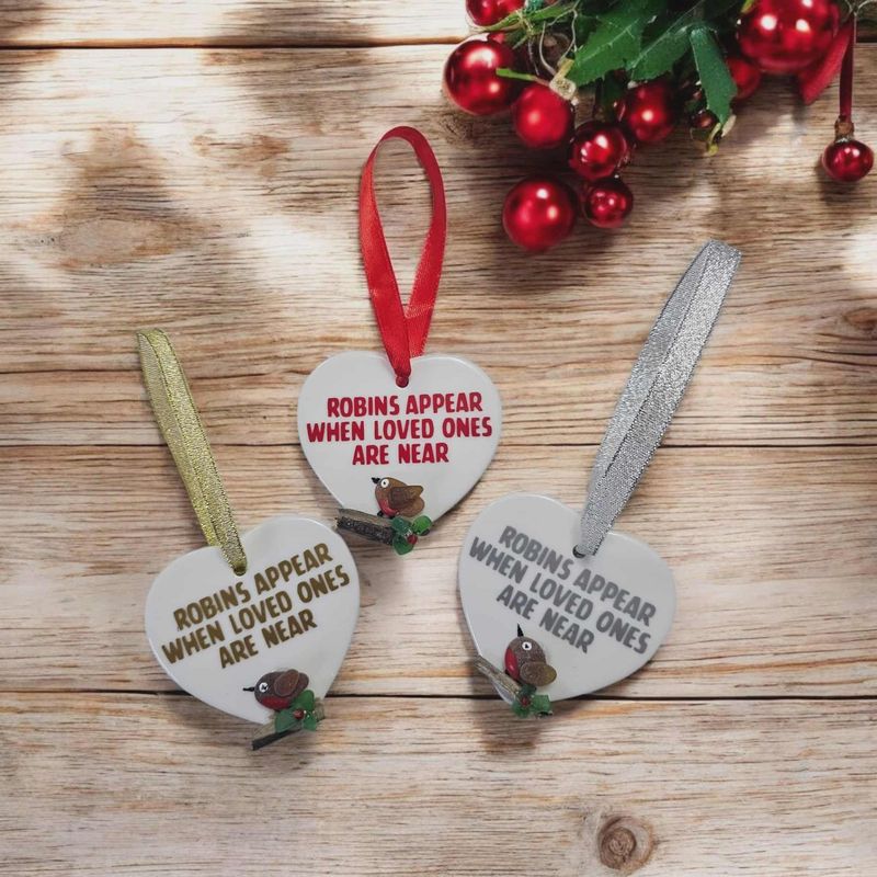 Heart-Shaped Hanging Ceramic Robin Christmas Ornament