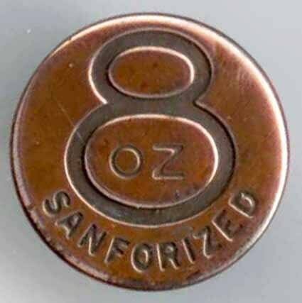 Riveted Shank Button, &quot;8 OZ SANFORIZED.&quot;