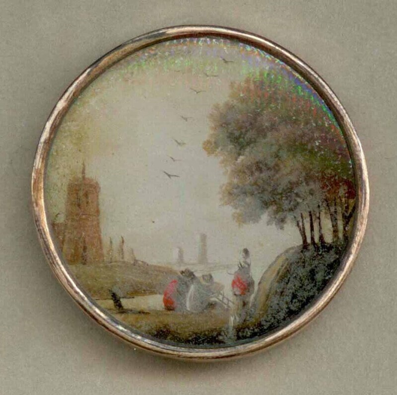 18th C. Painting under Glass, Lighthouse Scene